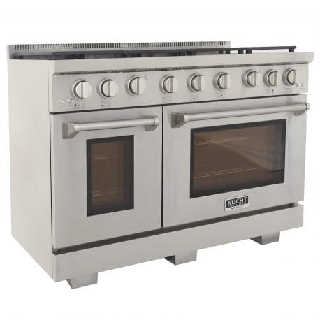 Kucht Professional 48 Inch Double Oven Gas Range in stainless steel. Front left view.
