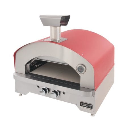 Kucht Professional Napoli Gas-Powered Pizza Oven in red color with oven open. Top right view.