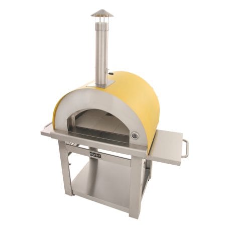 Kucht Professional Venice Wood-Fired Pizza Oven in yellow color with both foldable tables on. Top left view.
