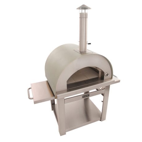 Kucht Professional Venice Wood-Fired Pizza Oven in stainless steel with both foldable side tables on. View from above left.