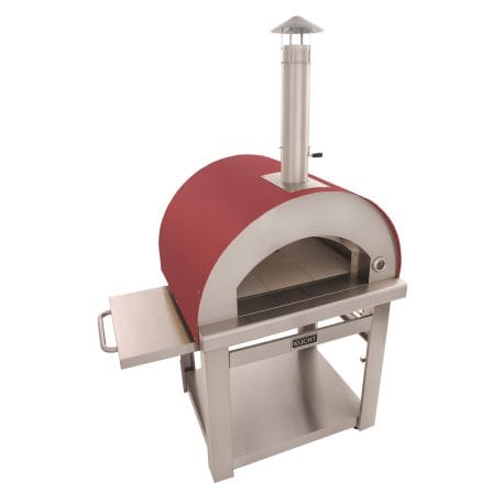 Kucht Professional Venice Wood-Fired Pizza Oven in red color with foldable side table on the left on. Top left view.