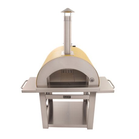 Kucht Professional Venice Wood-Fired Pizza Oven in yellow color with both foldable side tables on. Front view.
