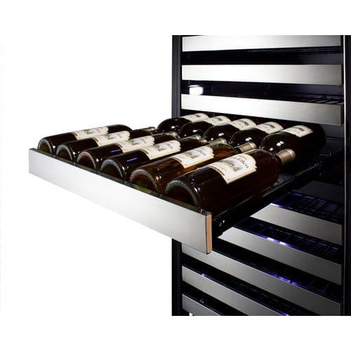 Summit 116 Bottle Dual Zone 24 Inch Wide Commercial Wine Cooler shelf full of wine bottles.