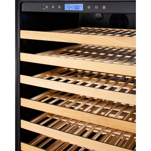 Summit 127 Bottle Single Zone 24 Inch Wide Wine Cooler with wooden shelves and digital control panel.