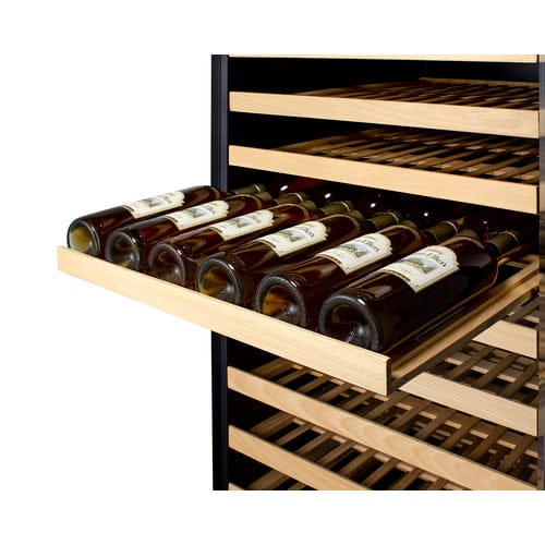 Summit 127 Bottle Single Zone 24 Inch Wide Wine Cooler with wooden shelf full of wine bottles.