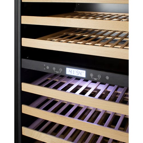 Summit 162 Bottle Dual Zone 24 Inch Wide Wine Cooler with slide-out wooden shelves and digital control panel.