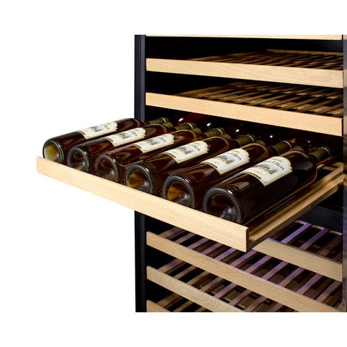 Summit 162 Bottle Dual Zone 24 Inch Wide Wine Cooler with slide-out wooden shelf full of wine bottles.