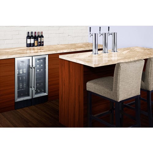 Summit 21 Bottle Single Zone 12 Inch Wide Wine Cooler built into kitchen with accompanying unit