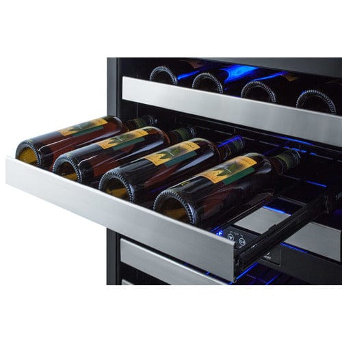 Summit 46 Bottle Dual Zone 24 Inch Wide Commercial Wine Cooler with shelf full of wine bottles.