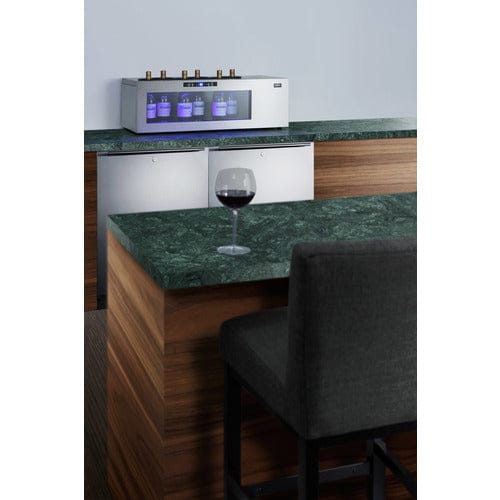 Summit 6 Bottle Single Zone Upright Wine Cooler placed into kitchen.