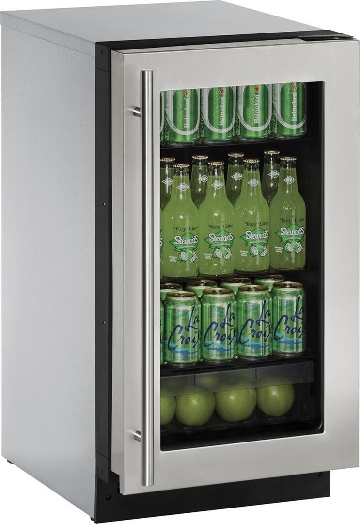 Main Image, U-2218RGLS-00B 18&quot; Energy Star Certified Built-in Compact Refrigerator with 3.6 cu. ft. Capacity, 4 Adjustable Glass Shelves, Glass Door, LED Lighting, Convection Cooling System, Clear Crisper Drawer and Star K Certified, in Stainless Steel