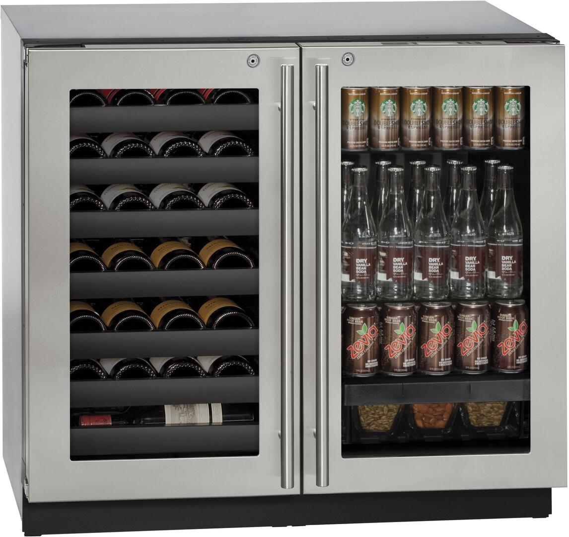 Main Image, U-3036BVWCS-13B 36&quot; Modular 3000 Series Beverage Center with Lock, U-Select Control, Dual Temperature Zones, 7 Wine Racks, 31 Wine Bottle Capacity and Triple Thermopane Glass Door in Stainless Steel