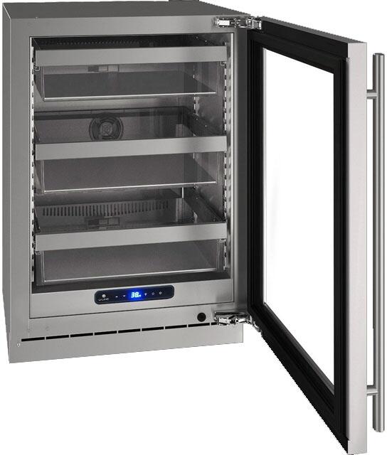 Interior View, Shown in Stainless Steel, UHRE524-IG01A 5 Class 24&quot; Refrigerator with 5.2 cu. ft. Capacity, Three Slide &amp; Secure Bins, LED Lighting and Soft Close Door in Panel Ready, 3
