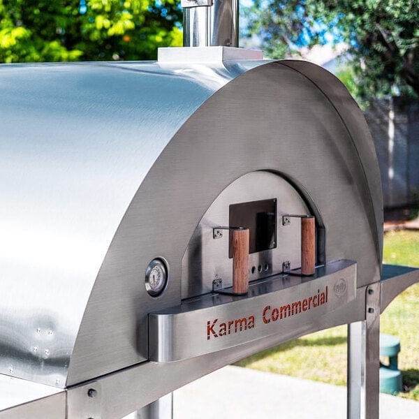 WPPO Karma 55 Inch Stainless Steel Wood Fired Commercial Pizza Oven Closeup View in Outdoor