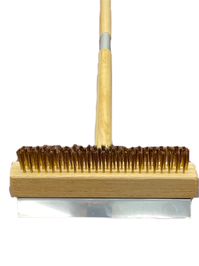 WPPO Pizza Oven Brush with Wooden Handle and Stainless Steel Scraper Front View