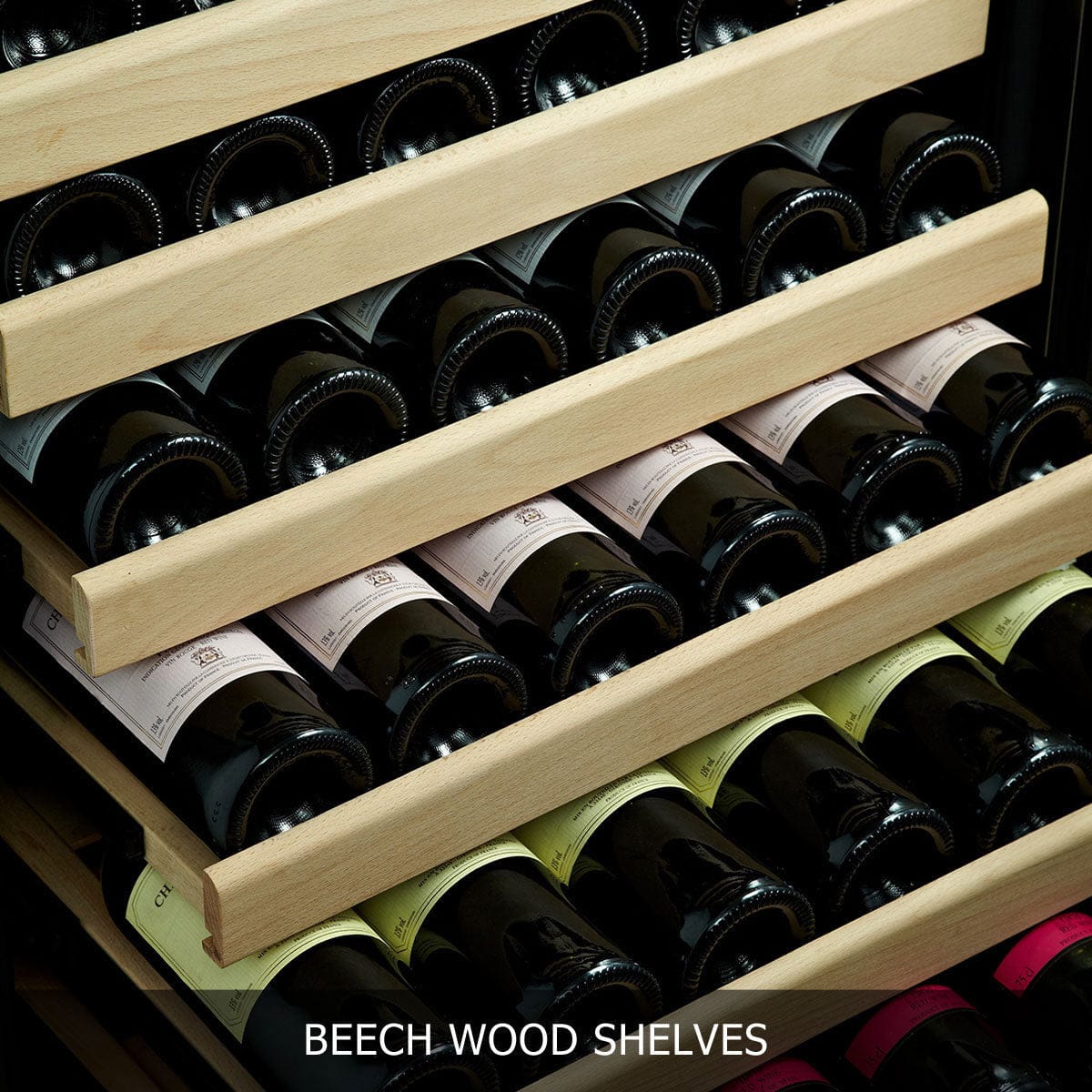 KingsBottle 100 Bottle Wine Cooler beech wood shelves filled with wine bottles.