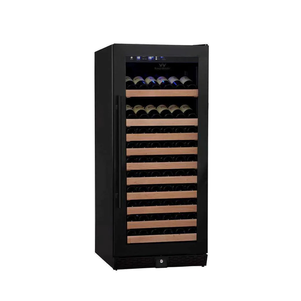KingsBottle 100 Bottle Wine Cooler in matte black with door closed.