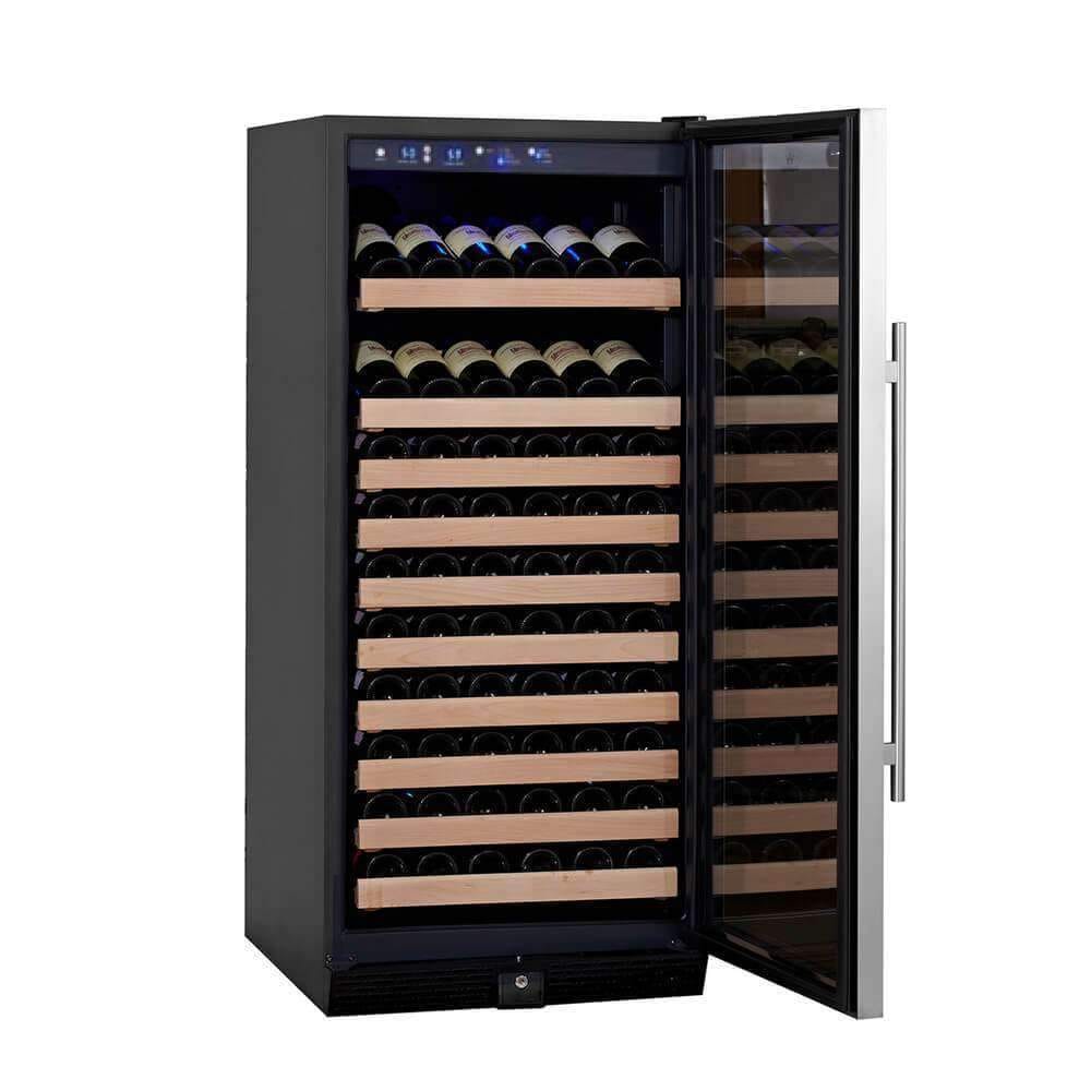 KingsBottle 100 Bottle Wine Cooler in stainless steel with door open.