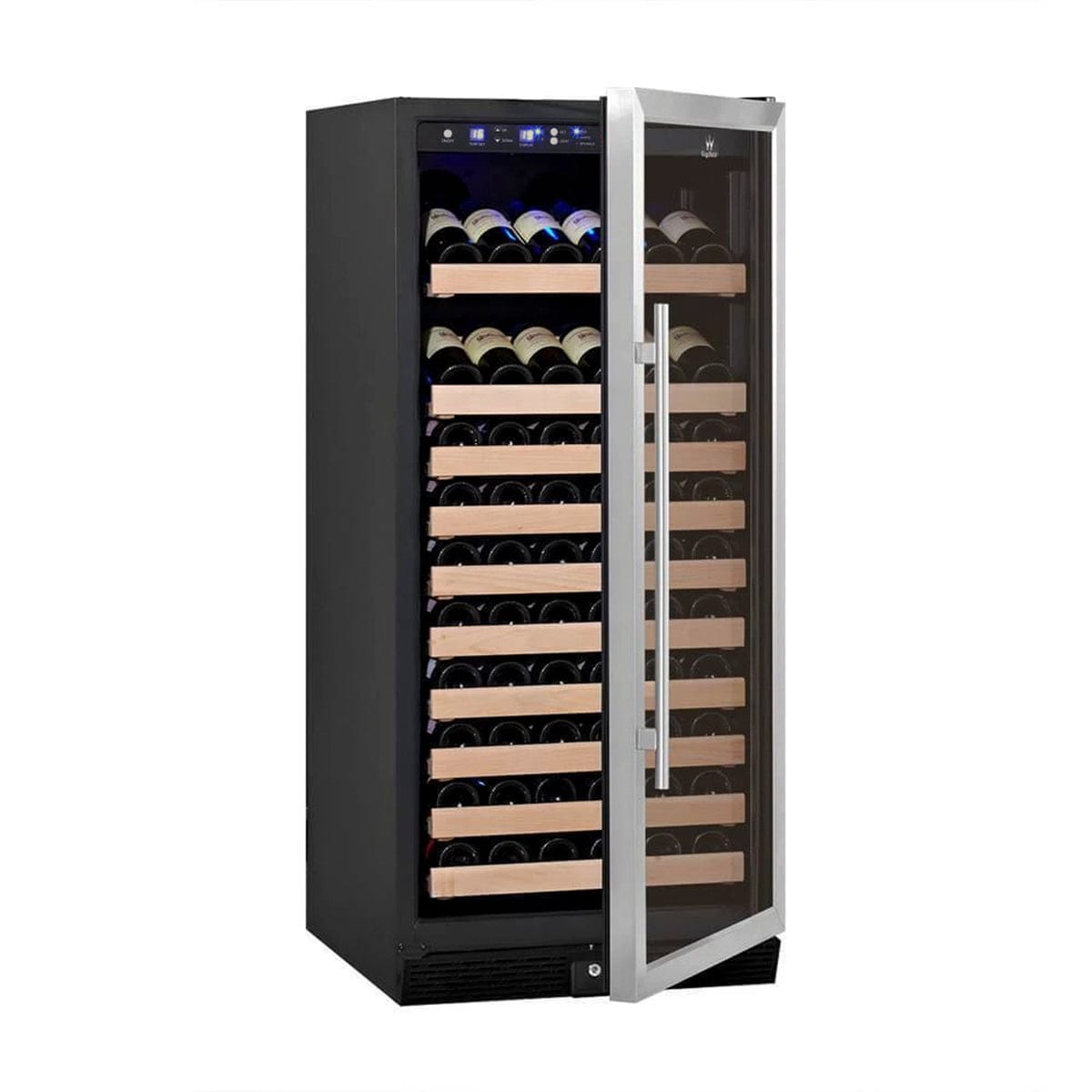 KingsBottle 100 Bottle Wine Cooler in stainless steel with door open and 2 presentation shelves.