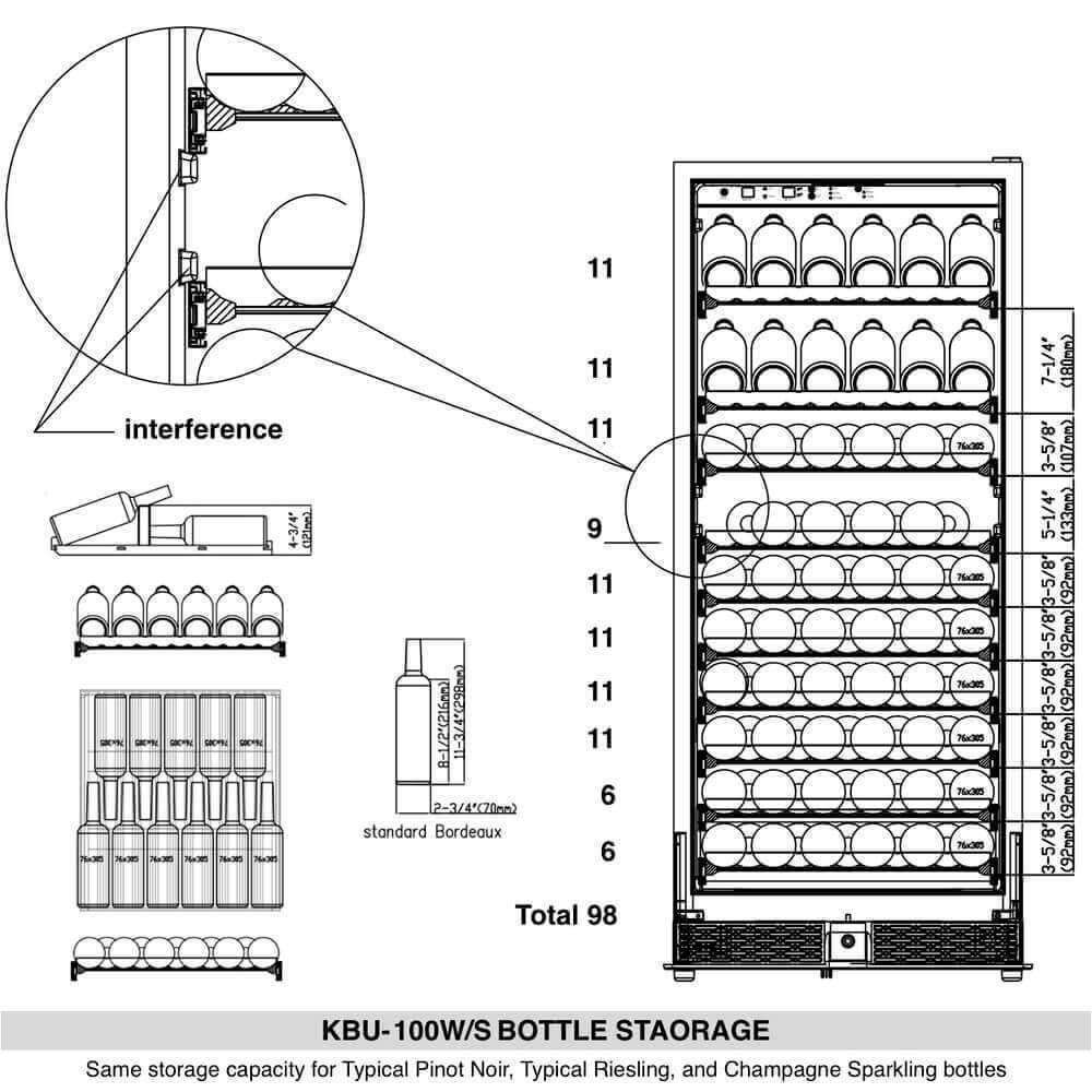 KingsBottle 100 Bottle Wine Cooler bottle storage diagram.