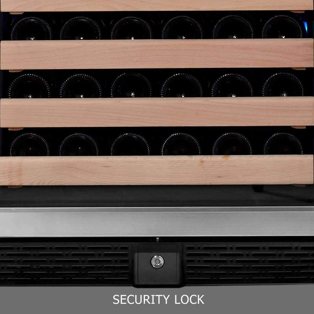 KingsBottle 100 Bottle Wine Cooler closeup of lock front view.
